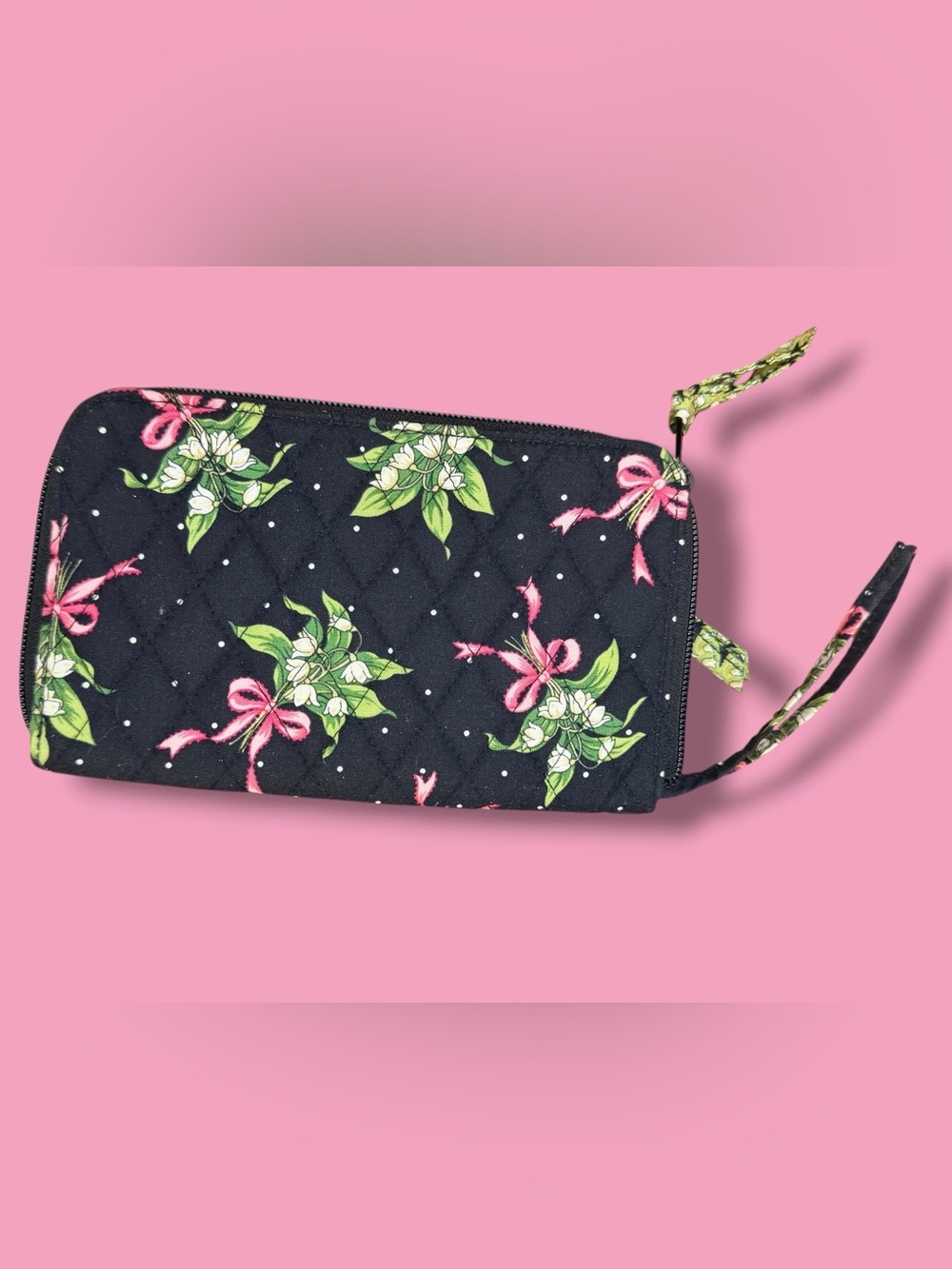 Vera Bradley Black Floral Wristlet with Pink Bow Accents - Picture 2 of 5